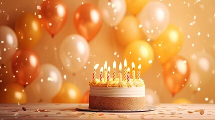  a birthday cake with lit candles on a table with balloons in the background.  generative ai - obrazy, fototapety, plakaty