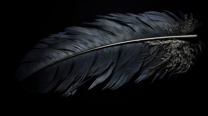  a black feather is shown on a black background with a shadow.  generative ai