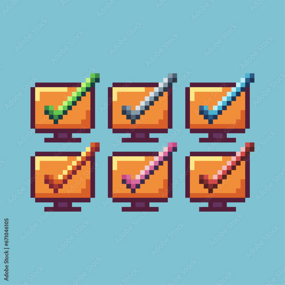 Poster pixel art sets of monitor of approve with variation color item asset. simple bits of approve sign pi