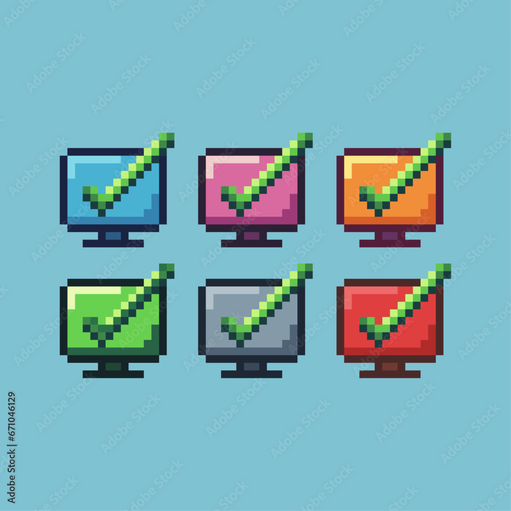 Poster pixel art sets of monitor of approve with variation color item asset. simple bits of approve sign pi