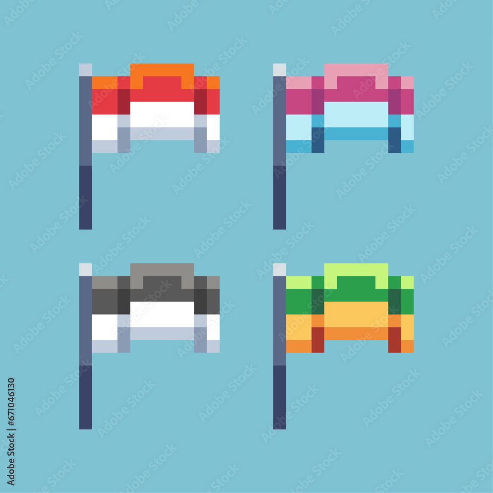 Poster pixel art sets of flag icon with variation color item asset. simple bits of flag icon flat on pixela