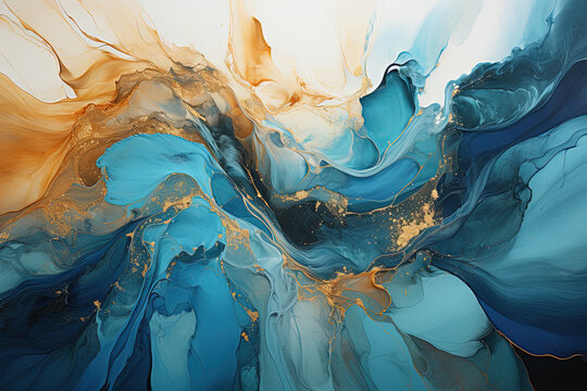 Abstract fall blue, teal, yellow, brown, golden earth tones backdrop, Generative Ai