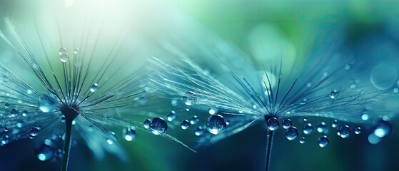 Beautiful shiny dew water drop on dandelion seed - obrazy, fototapety, plakaty