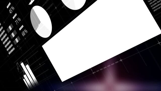 Animation of statistical data processing against purple light spot on black background