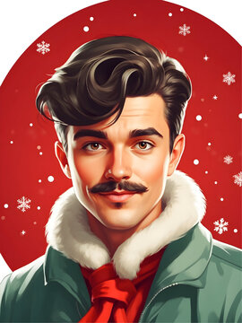 Retro cartoon man wearing retro winter clothes style. handsome man, retro, vintage style. Christmas season. 