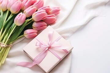 Obraz na płótnie Canvas Bouquet pink tulips and gift diary