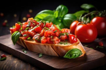 Bruschetta with fresh tomatoes and basil on toast - obrazy, fototapety, plakaty