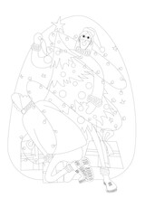 Vector New Year illustration of hugging people in warm knitted New Year hats, sweaters and gloves with a New Year tree and garland