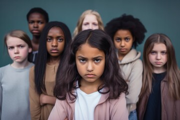 Multiethnic group of children looks at camera with angry and frustrated expression. Kids are upset and intend to stand up for their rights. Diversity and free communication concept. Isolated on black.