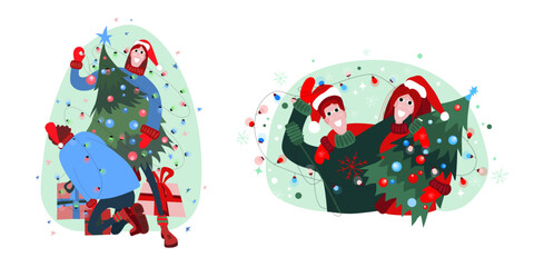 Vector New Year illustration of hugging people in warm knitted New Year hats, sweaters and gloves with a New Year tree and garland