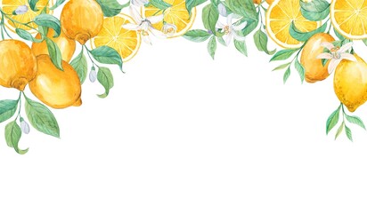 Lemon branches hang from above. Watercolor horizontal composition on a white background. Ripe exotic fruits in Provence style. Illustration for wedding invitation, Italian limoncello or lemonade label - obrazy, fototapety, plakaty