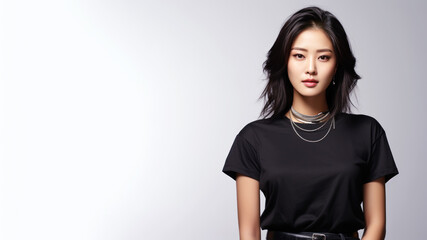 Asian woman wearing black t-shirt isolated on gray background