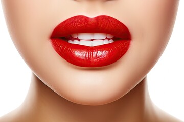 Fototapeta premium Closed lips with red lipstick on white background