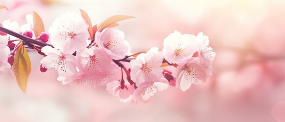 Obraz premium Colorful spring background with frame of pink cherry