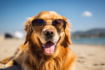 Cool happy funny dog golden retriever with sunglasses - obrazy, fototapety, plakaty