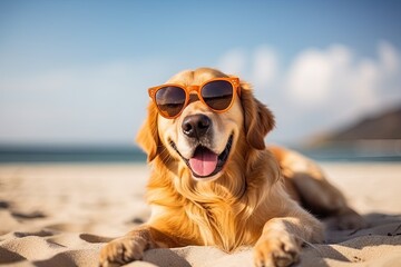 Cool happy funny dog golden retriever with sunglasses - Powered by Adobe
