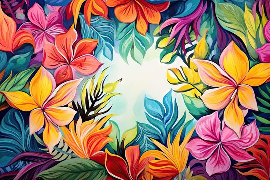Colorful vibrant floral background frame of tropic