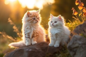 Cute white kitten in park in nature stands on stone