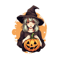 Cute anime girl wearing witch with pumpkin, vector illustration, Generative Ai.