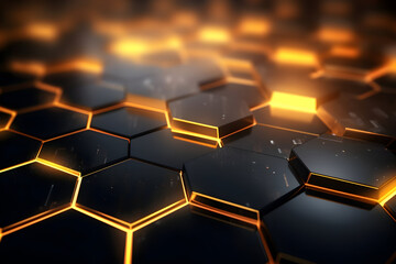 Abstract 3D Banner Illustration with Glowing Gold, Brown, Gray, and Black Hexagons, Creating a...