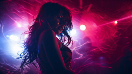 A young, beautiful woman dancing at the club surrounded by the colorful lights. Rave, concert,...