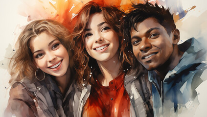 Watercolor Portrait of a Group of Friends: Cheerful Companions, Lovely Pals, in Cool and Warm Palettes