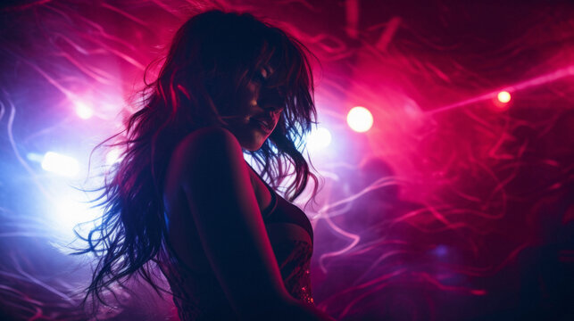 A young, beautiful woman dancing at the club surrounded by the colorful lights. Rave, concert, party, event photography