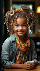 Smiling cute little african american girl with two pony tails looking at camera. Portrait of happy female child at home. People portrait illustration. Generative AI - obrazy, fototapety, plakaty