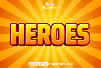 heroes text effect in orange comic style and editable