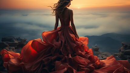 Fashion woman in red fluttering dress back side rear view. Glamour model dancing with long silk fabric flying on wind over night sky city light landscape. Model illustration. Generative AI - obrazy, fototapety, plakaty