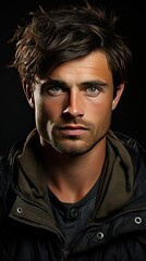 Obraz premium Young man with serious face. Man face portrait illustration. Generative AI