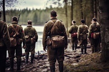 Historical reenactment of soldiers during the war - obrazy, fototapety, plakaty