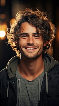 Young man with beautiful smile on background. Teeth whitening. Smile emotion illustration. Generative AI