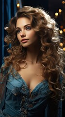 Fototapeta premium Beauty girl with long and shiny wavy hair, coloring and toning, shatush and balayash. Beautiful woman model with curly hairstyle. Model illustration. Generative AI