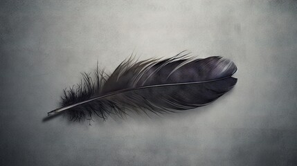  a single black feather resting on a gray background with a shadow.  generative ai