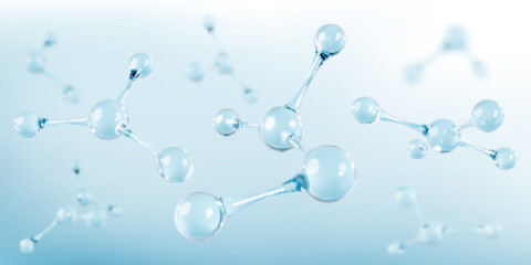 3D glass molecules or atoms on light blue background. Concept of biochemical, pharmaceutical, beauty, medical. Science or medical background. Vector 3d illustration