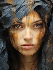 Young modern woman with her painted face camouflaged with the surroundings.