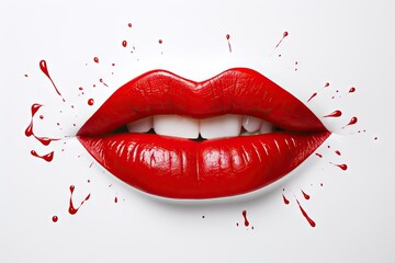 Lips with red lipstick on white background - obrazy, fototapety, plakaty