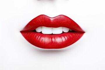 Lips with red lipstick on white background