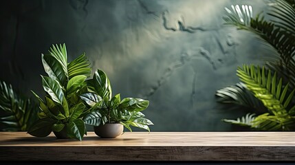Wood table green wall background with sunlight window create leaf shadow on wall with blur indoor green plant foreground. Panoramic banner mockup for display of product. Generative AI art