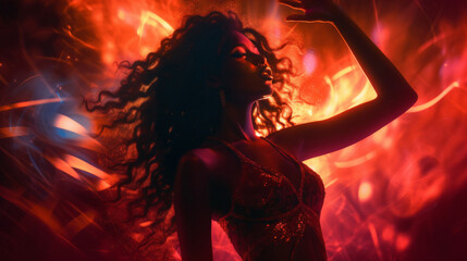 A young, beautiful black woman dancing at the club surrounded by the colorful lights. Rave, concert, party, event photography