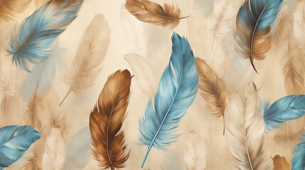  a group of feathers on a beige background with blue and brown feathers.  generative ai