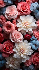 Pink, red and white rose flowers on background. Floral flower illustration. Generative AI