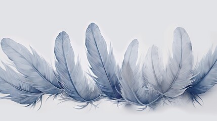  a group of three blue feathers on a white background with space for text.  generative ai