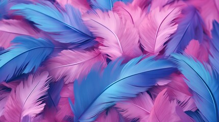 Fototapeta na wymiar a bunch of pink and blue feathers with a pink background. generative ai