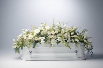 Elegant Floral Arrangement On White Morgue Coffin