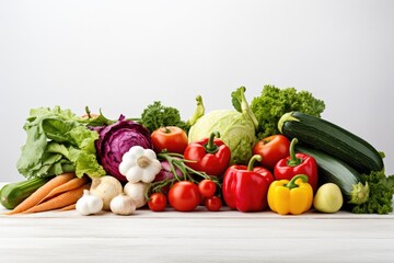 Composition of fresh vegetables on white wooden table