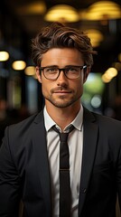 Portrait of young businessman wearing eyeglasses and standing outside conference room. Portrait of happy business man wearing spectacles and looking at camera. Generative AI art