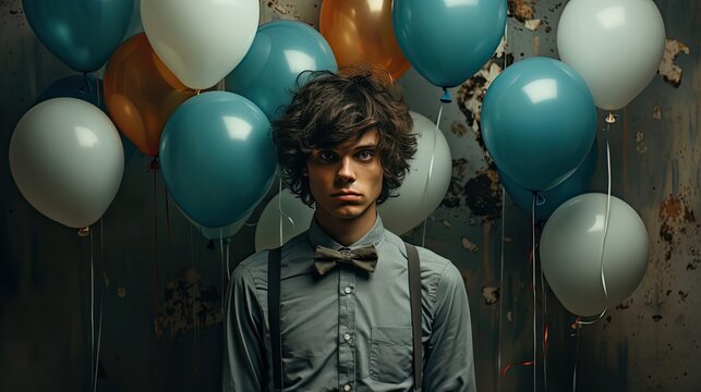 Stock illustration of a blue balloon on background with a sad face drawn. Sad emotion illustration. Generative AI