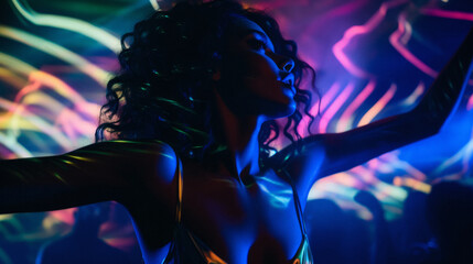 A young, beautiful black woman dancing at the club surrounded by the colorful lights. Rave, concert, party, event photography - obrazy, fototapety, plakaty